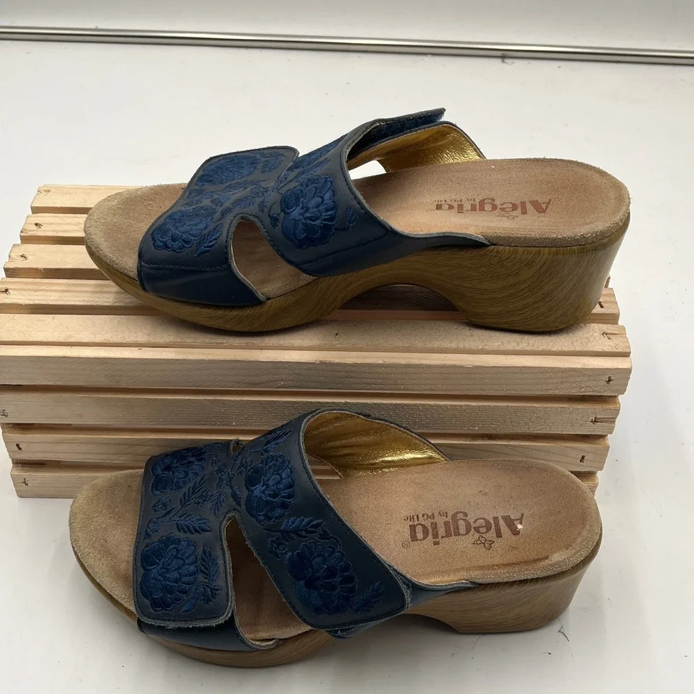 Alegria Wedge Sandals Linn Floral Embroidered Navy Blue Leather Womens 38